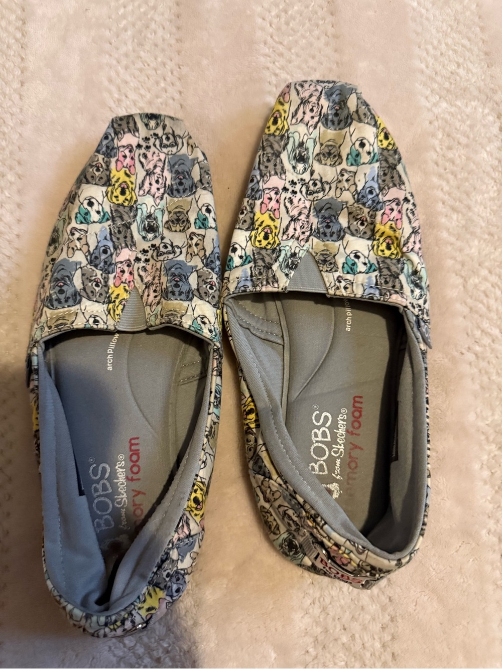 Skechers BOBS Slip-On Flats with Teal, Pink and Gray Dog Print